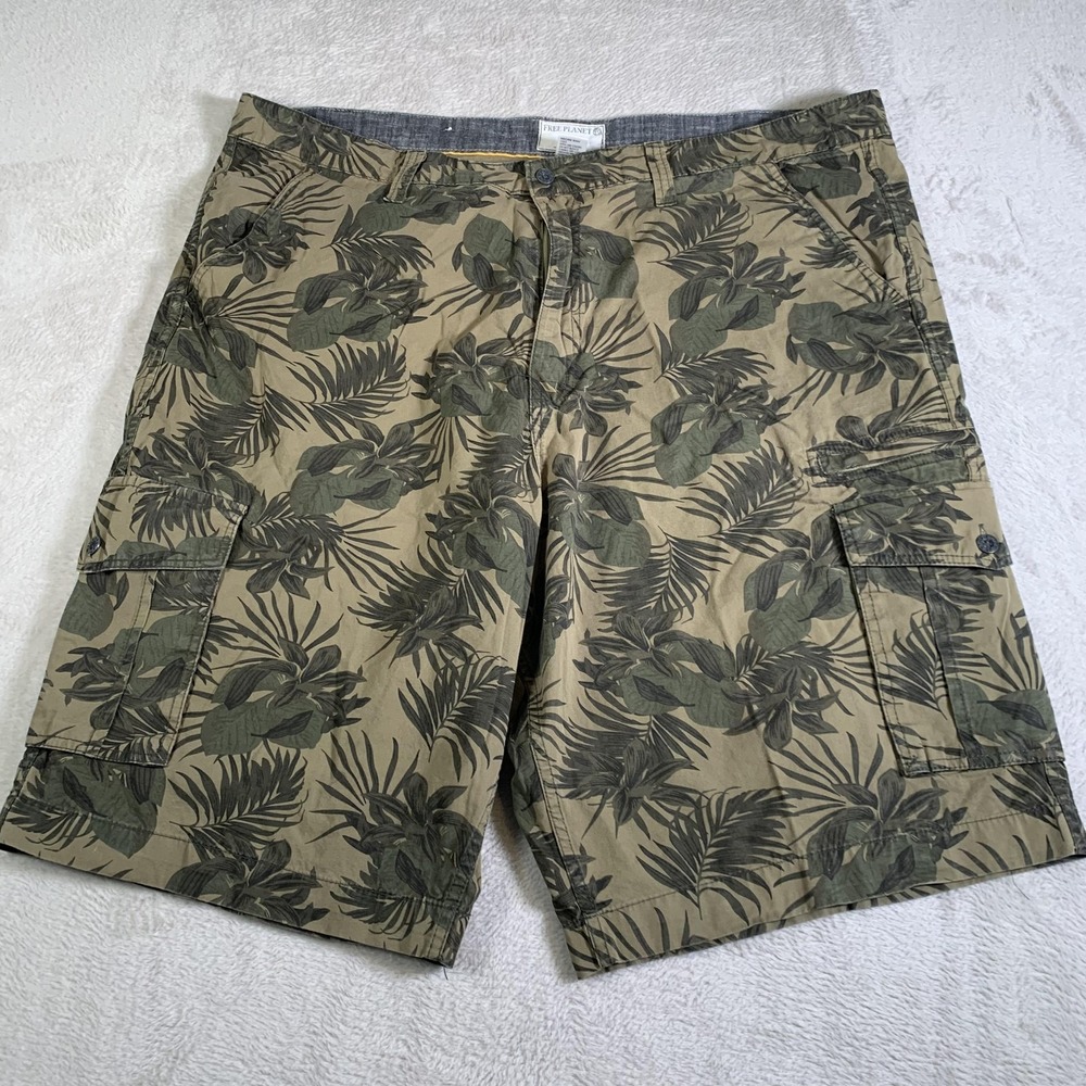 Free Planet Shorts Mens 46 Khaki Green Cargo Tropical Leaf Print Cotton Y2K